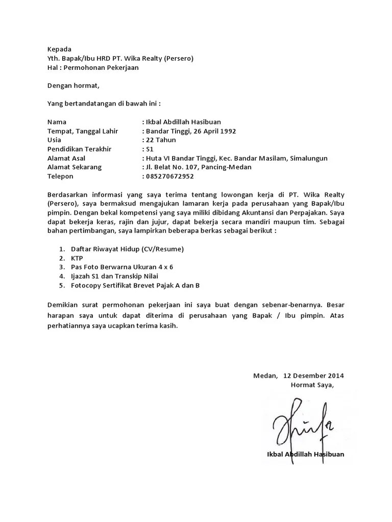 Contoh Surat Lamaran Kerja Pt Wijaya Karya Dapatkan Contoh 