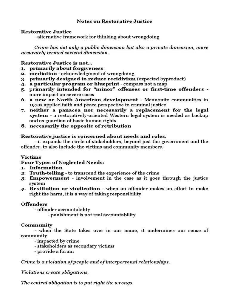 Notes On Restorative Justice | PDF | Restorative Justice | Deviance ...