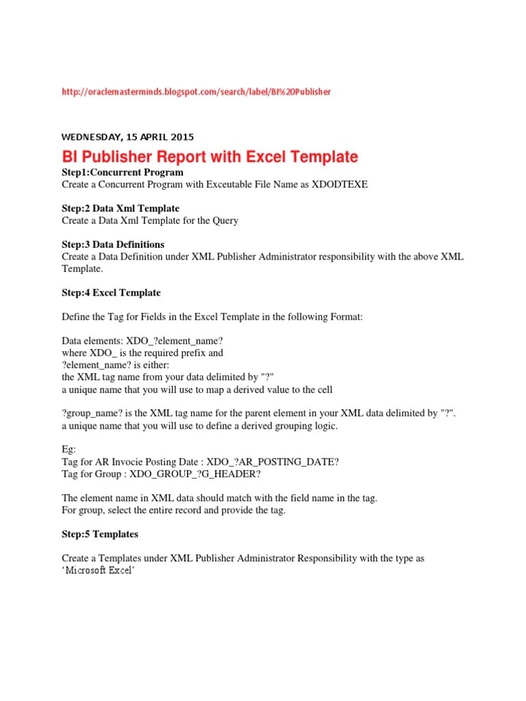 BI Publisher Report Excel Template Configuration | PDF | Microsoft Word ...