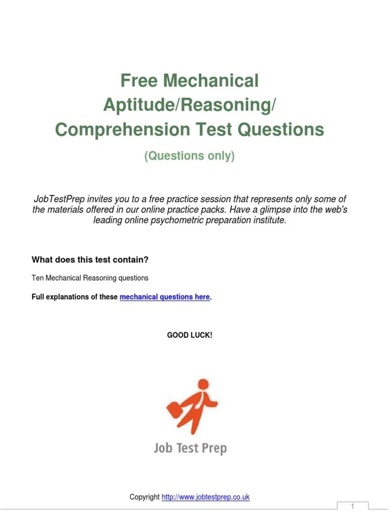 Free Mechanical Aptitude/Reasoning/ Comprehension Test Questions ...