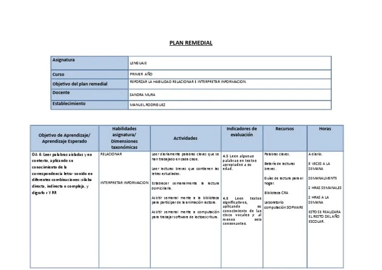 Formato Plan Remedial | PDF | Lectura (proceso) | Aprendizaje