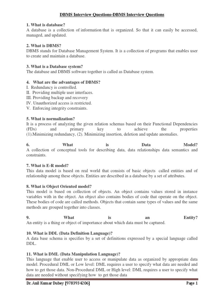 DBMS Interview Questions-DBMS Interview Questions: Dr. Anil Kumar Dubey ...