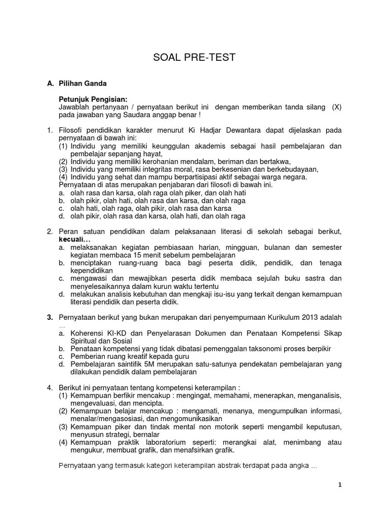 Contoh soal ukk pjok penjas kelas 3 sd ini sudah berdasarkan dengan kisi kisi kurikulum 2013 . Soal Pre Test Pdf