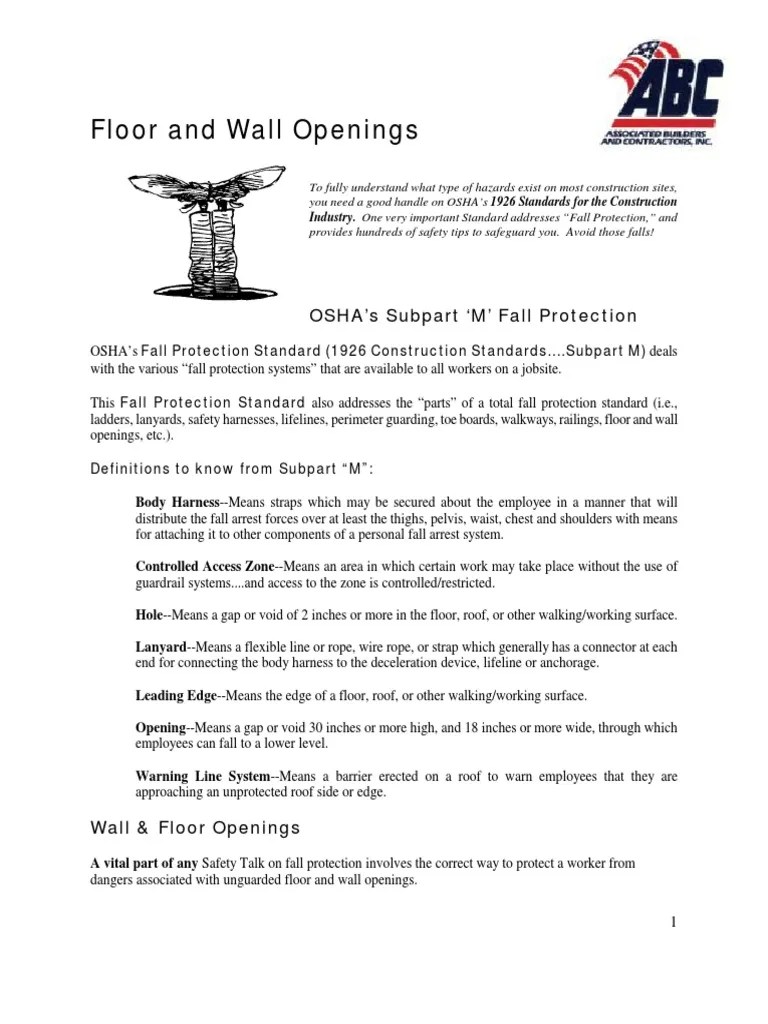 Floor And Wall Openings: OSHA's Subpart M' Fall Protection | PDF ...