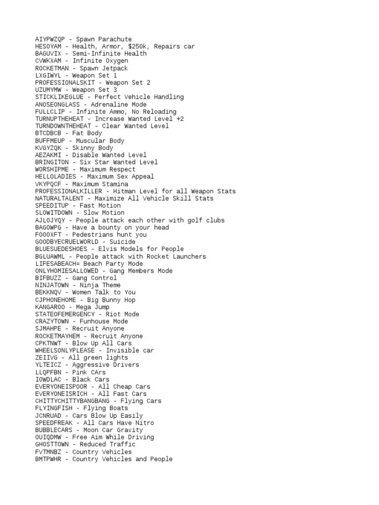 Gta SA Cheats PDF Vehicles 1715311816