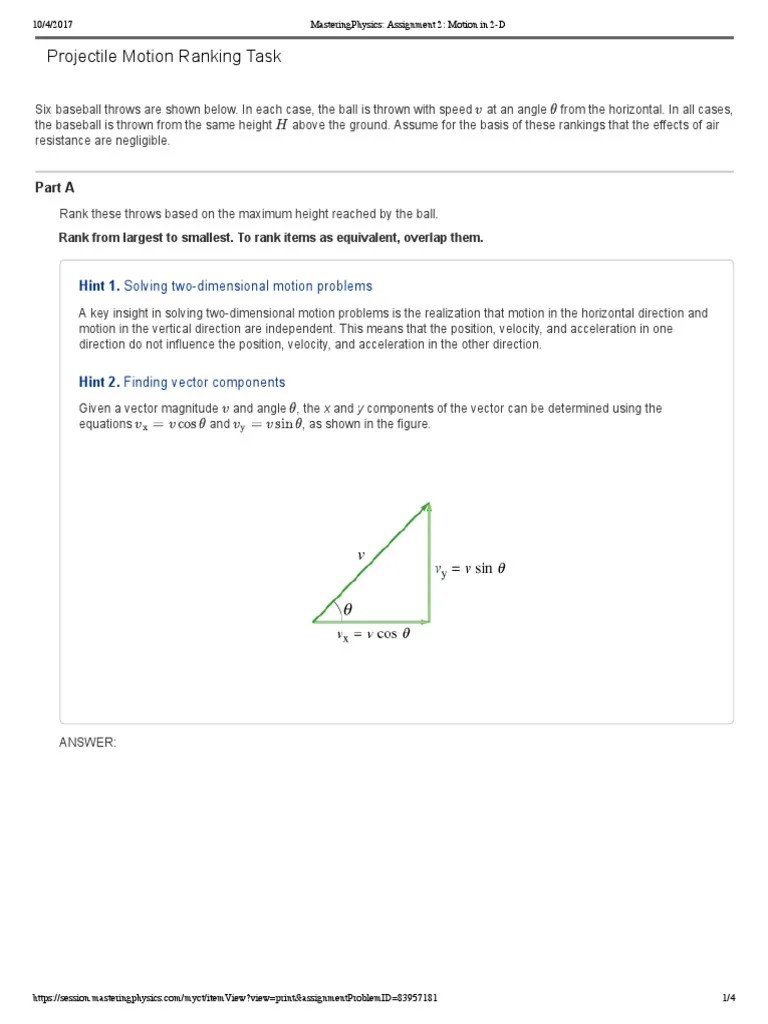 MasteringPhysics - Assignment 10 - Motion In 2-D | PDF | Physical Quantities | Classical Mechanics