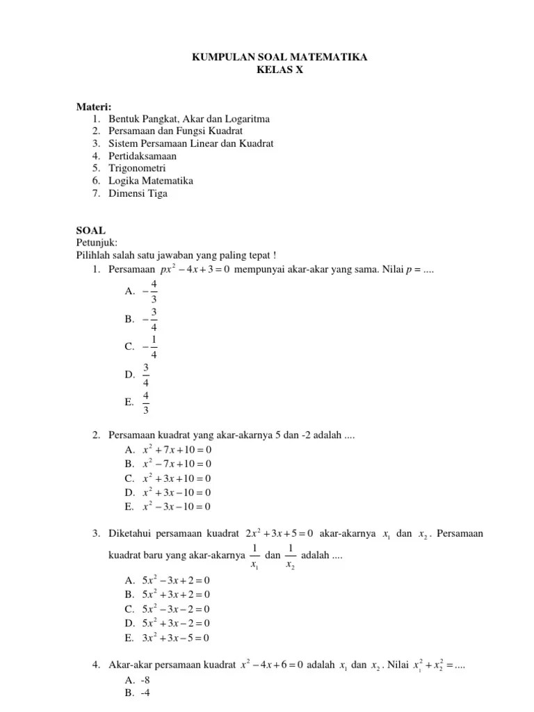 Contoh Soal Matematika Sma Kelas X Persamaan Kuadrat