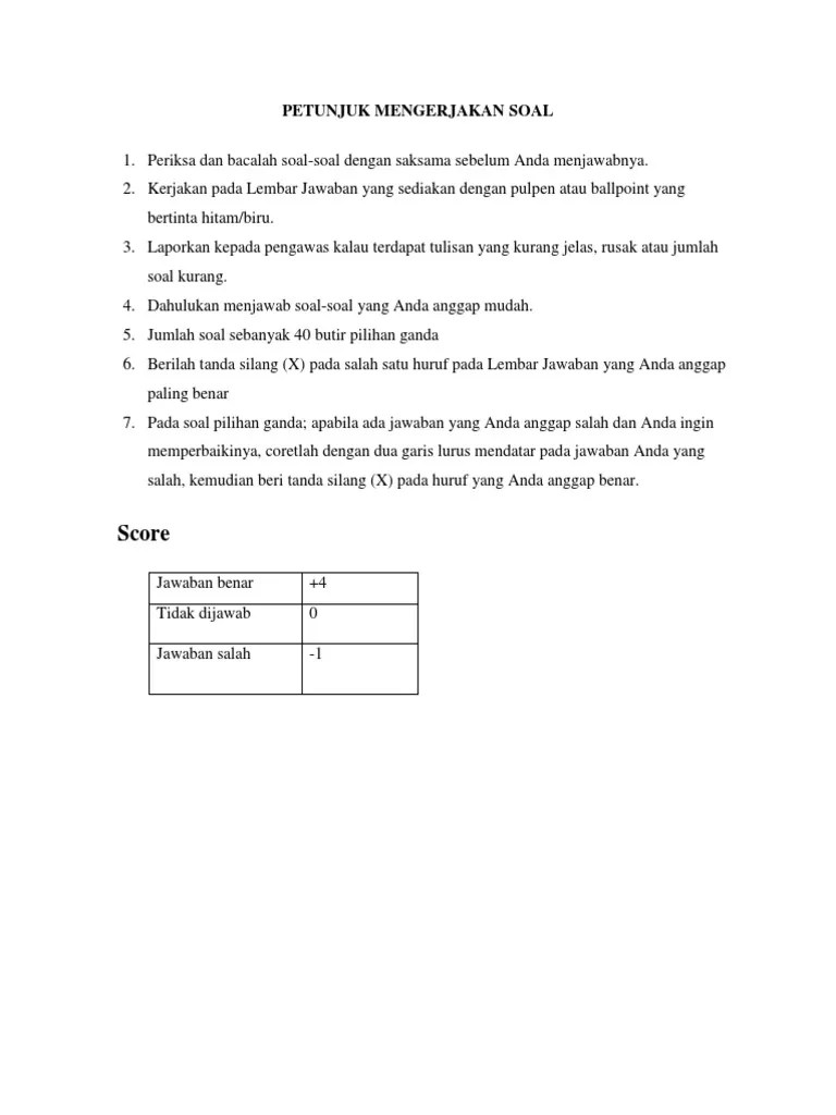 Petunjuk Untuk Mengerjakan Soal Essay Masnurul Soal Pilihan Ganda.