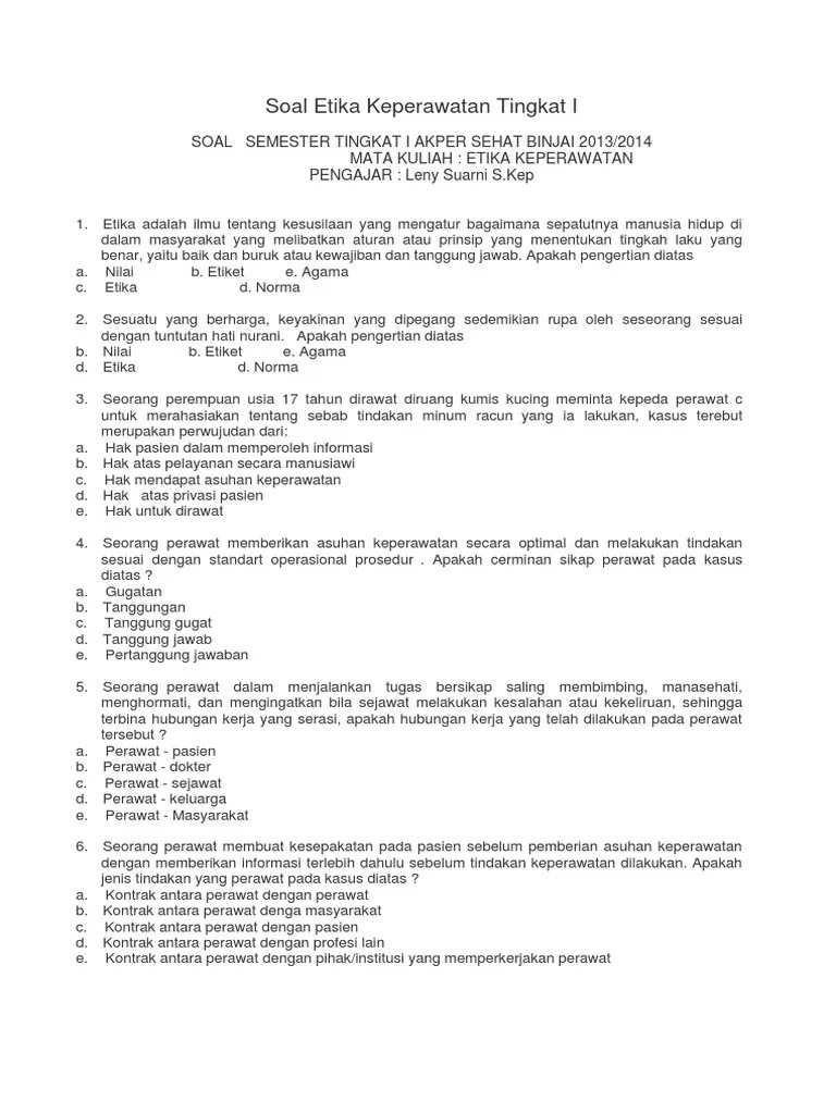 Soal Etika Keperawatan Tingkat I | PDF