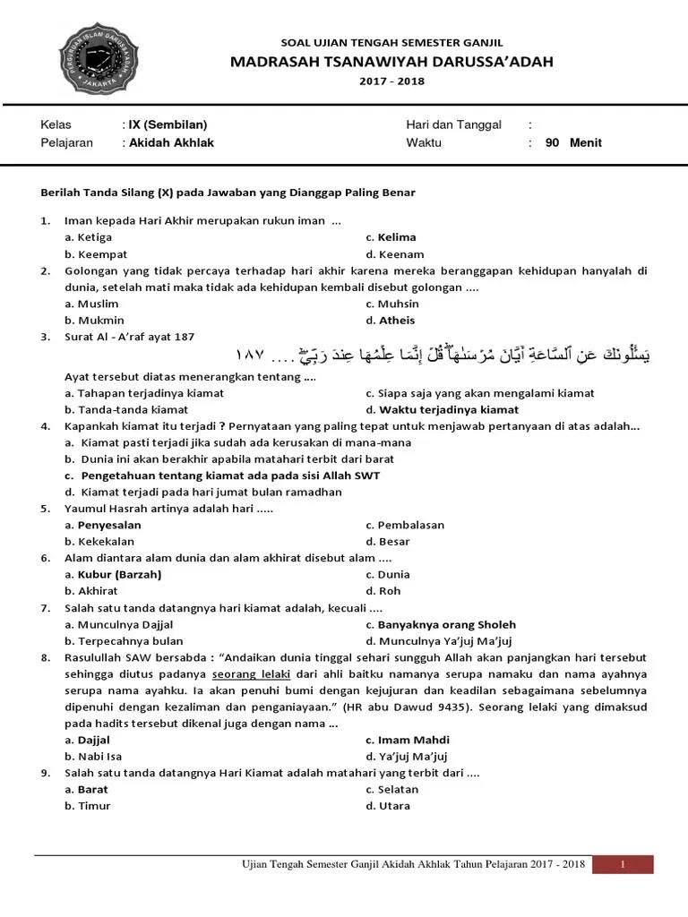 Maka zakat mal yang harus dikeluarkan sebesar…. 24 09 2017 Soal Uts Kelas Ix Semester Ganjil Akidah Akhlak 2017 2018