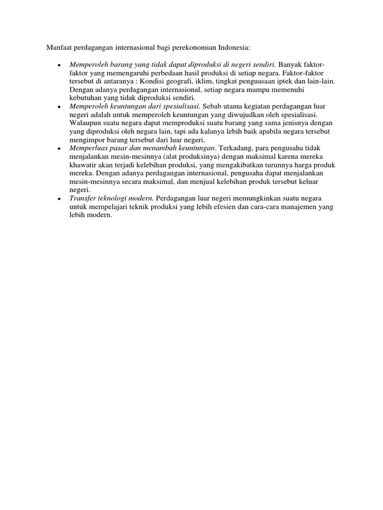 Manfaat Perdagangan Internasional Bagi Perekonomian Indonesia | PDF