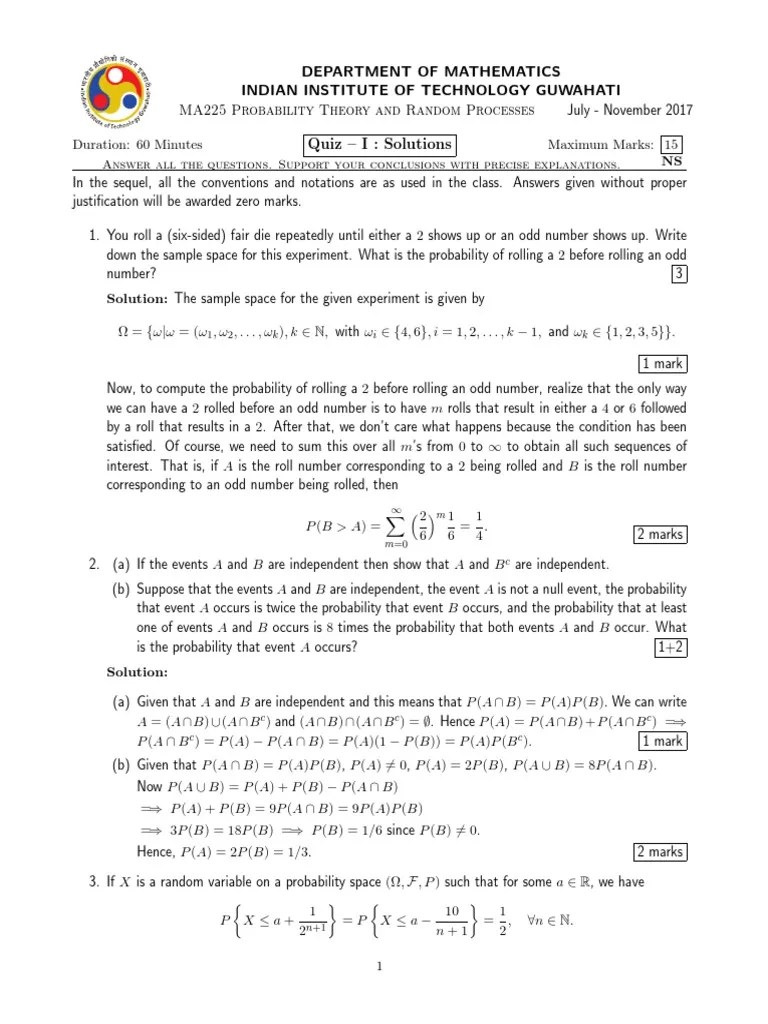 Probability Theory And Random Processes: Analyzing Solutions To A Probability Quiz | PDF ...