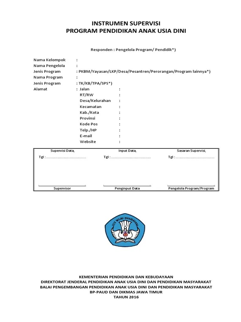 Instrumen Supervisi Paud 2016 Pdf