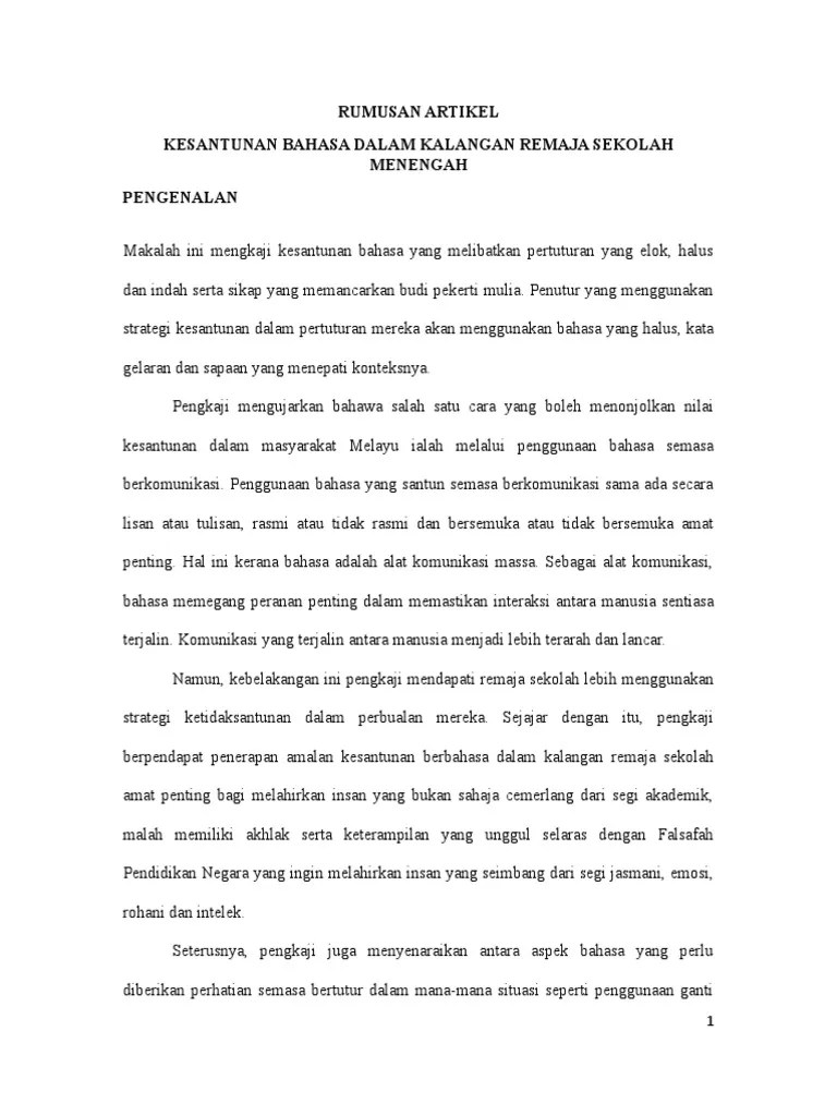 Contoh karangan bahasa melayu upsr sekolah rendah. Rumusan Artikel Kesantunan Golongan Remaja Pdf