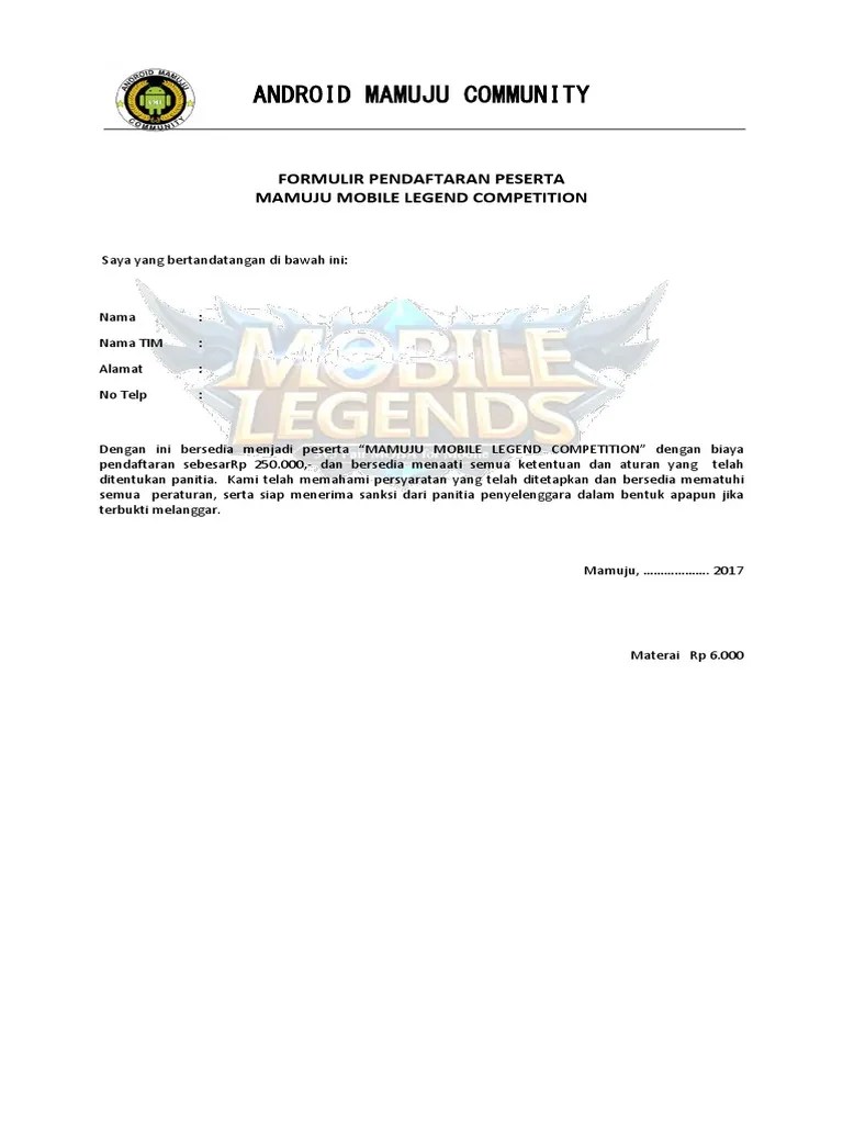 Formulir Pendaftaran Lomba Mobile Legend 34m7d3ek0z46 Contoh formulir pendaftaran lomba.