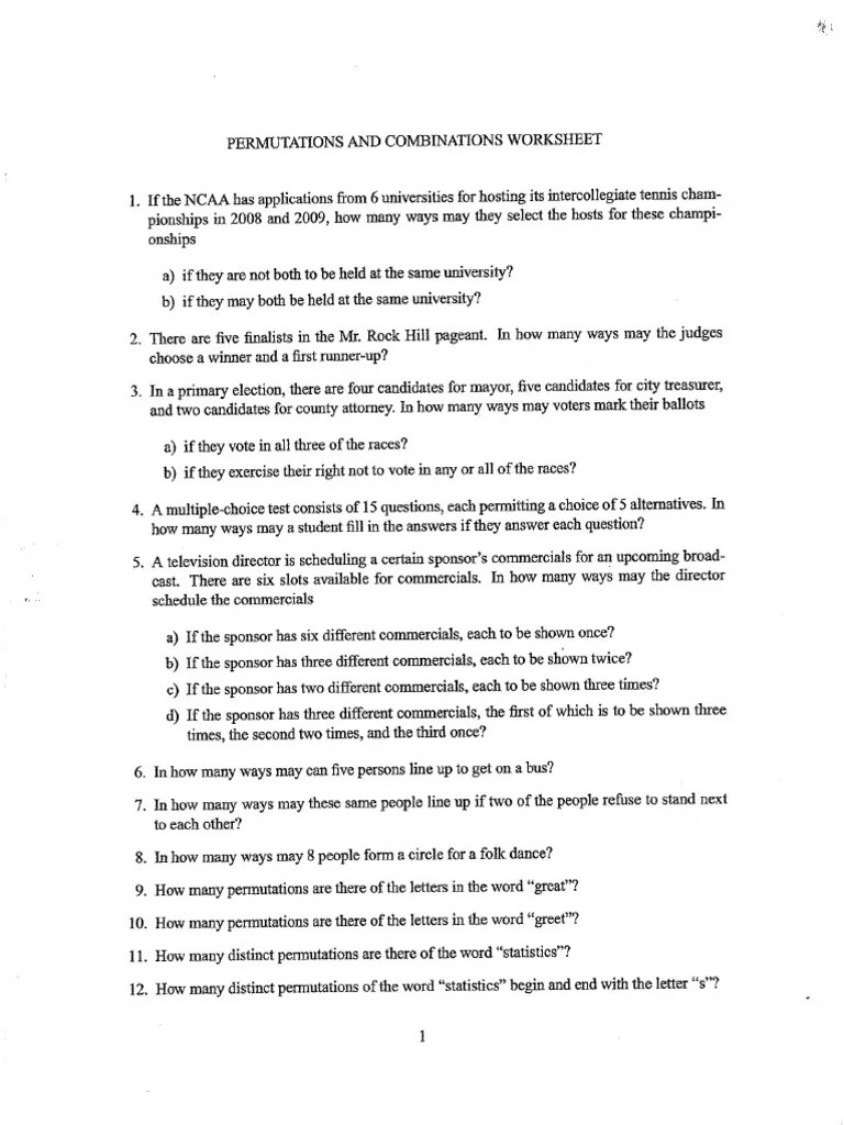 Ninth grade (grade 9) combinations and permutations questions for your custom printable tests and worksheets. Permutation And Combination Worksheet With Answers Pdf