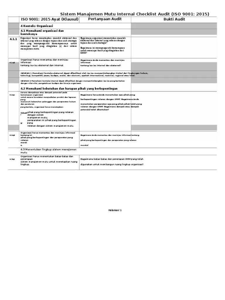 Checklist Iso 9001 Version 2015 Standard ISO90012000APG ISO-Auditing Guidance Checklist Audit Customer Author Aniek Listyowati 2 DARI 7 CONTOH CHECKLIST AUDIT No Item Audit Item Evaluasi Catatan Auditor 55Apakah tindakan perbaikan yang dilakukan terkait hasil audit diimplementasikan didokumentasikan direcord dan dilakukan verifikasi.