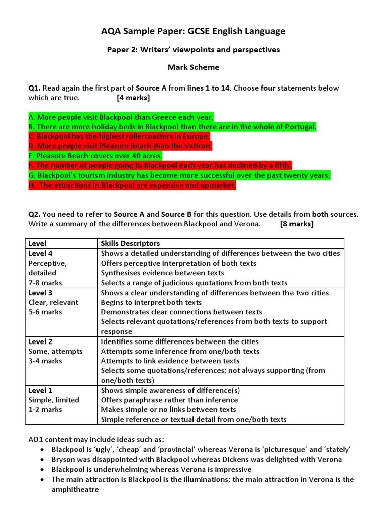 AQA English Language Sample Paper 2a Mark Scheme | Irony | Cognitive ...