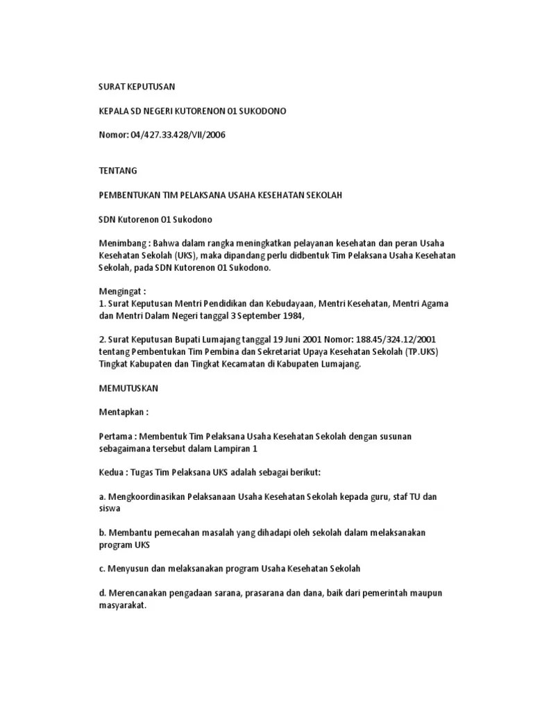 6) unsur yang dianggap perlu sesuai kebutuhan. Contoh Sk Uks Pdf