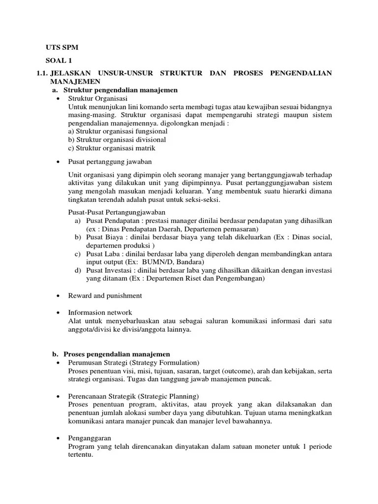 Uts SPM Soal 1 1.1. Jelaskan Unsur-Unsur Struktur Dan Proses Pengendalian  Manajemen A. Struktur Pengendalian Manajemen | PDF