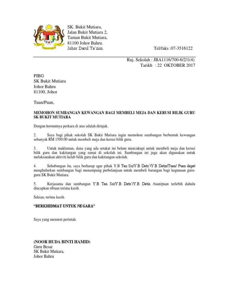 Surat Memohon Beli Meja Kerusi Bilik Guru 