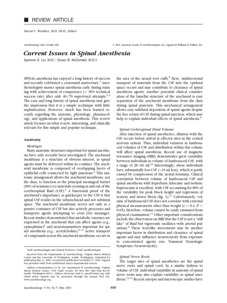 Current Issues In Spinal Anesthesia | PDF | Anesthesia | Cerebrospinal Fluid
