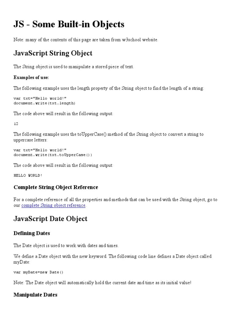 Javascript - Some Built-In Objects | Download Free PDF | Html | Boolean ...