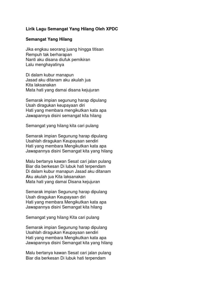 Lirik Lagu Semangat Yang Hilang Oleh XPDC | PDF