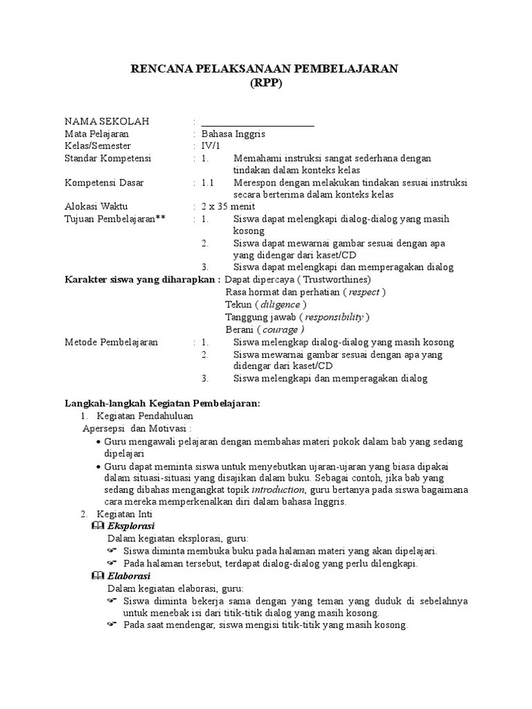 Jika kebetulan anda sedang mencari rpp bahasa inggris sd k13 untuk kelas 4, 5, 6 revisi 2020 terbaru, maka bapak/ibu guru sekarang berada di halaman yang . Rpp Bahasa Inggris Sd Kelas 4 Kurikulum 2013 Pdf