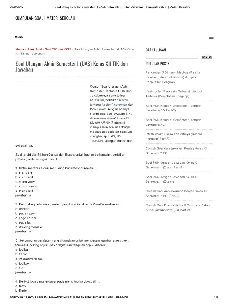 Contoh soal uas penjas kelas xi semester 2 pg dan essay beserta jawaban. Soal Ulangan Akhir Semester I Uas Kelas Xii Tik Dan Jawaban Kumpulan Soal Materi Sekolah Pdf