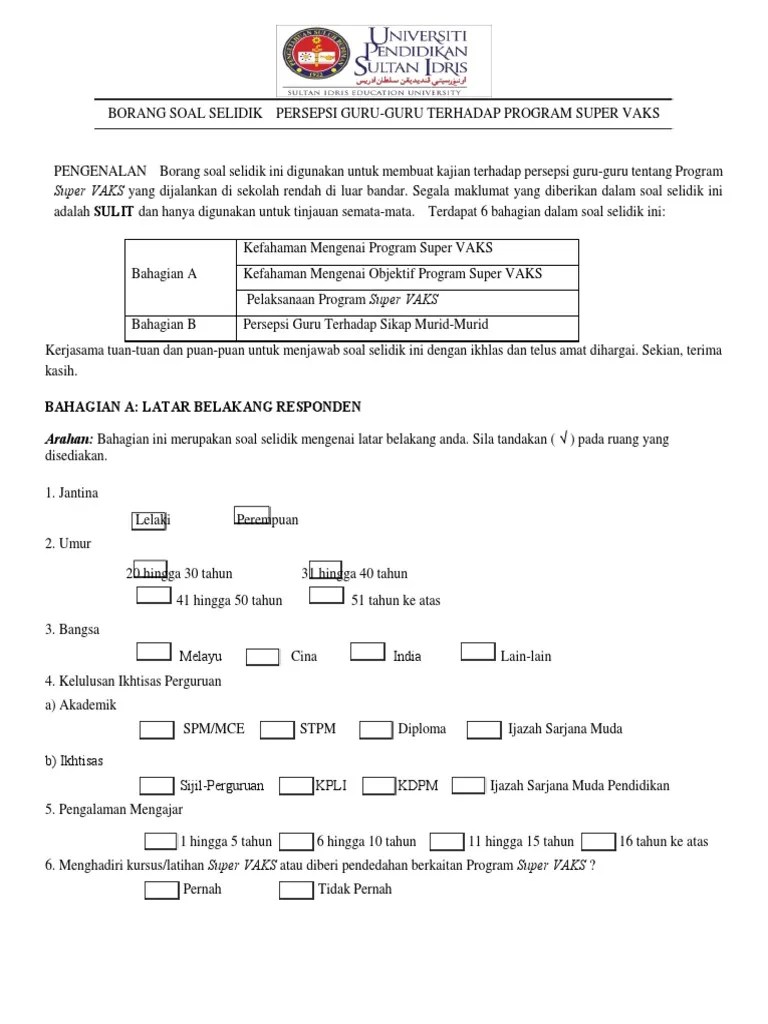 Borang Soal Selidik Persepsi Guru Pdf Need assessment contoh soal selidik.