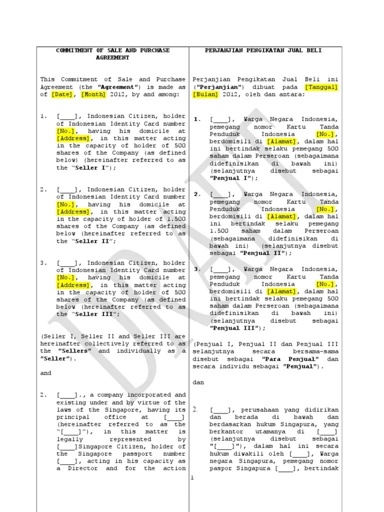 Contoh perjanjian kerja kontrak bilingual 2 bahasa. Ppjb Dual Eng Ind Pdf