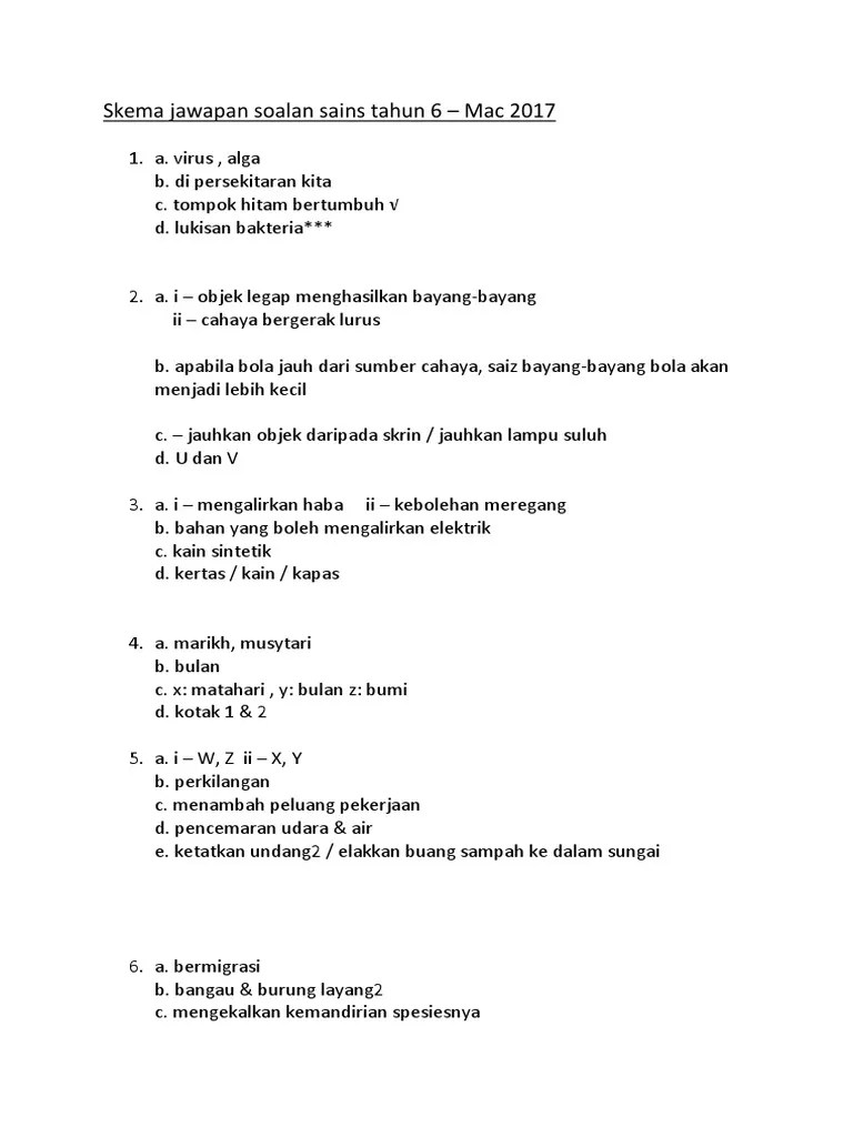 Ujian pertengahan tahun (tahun 6). Skema Jawapan Soalan Sains Tahun 6 Pdf