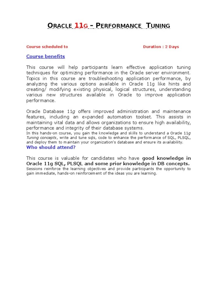 Oracle 11g Performance Tuning | PDF | Oracle Database | Pl/Sql