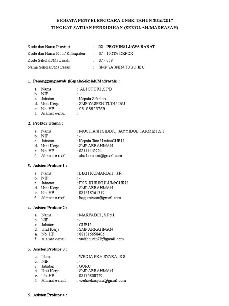 Sd yaspen tugu ibu 1 merupakan salah satu sekolah dasar yang ada di kota depok. 2 Format Biodata Penyelenggara Unbk 2017