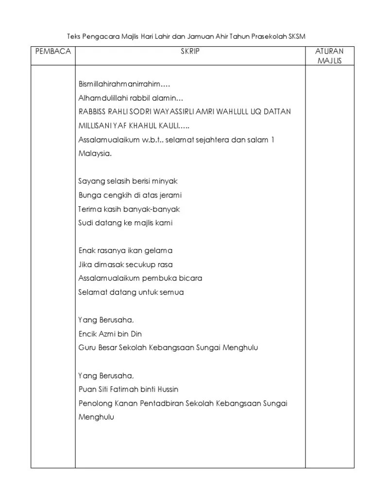 Doa selamat hari lahir rumi . Teks Pengacara Majlis Hari Lahir Dan Jamuan Ahir Tahun Prasekolah Sksm Pdf