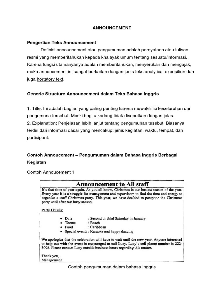Contoh teks announcement bisa berasal dari instansi pemerintah, bandara, sekolah, dan lain lain. Announcement Pdf