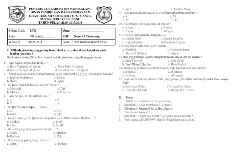 soal ujian btq kelas 1 genap. Contoh Soal Baca Tulis Alquran Kls 6 Jawabanku Id