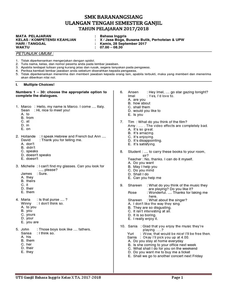 Soal Remedial Bahasa Inggris Kelas 10 Lengkap 130 contoh soal uts bahasa inggris kelas 10 sma ma.