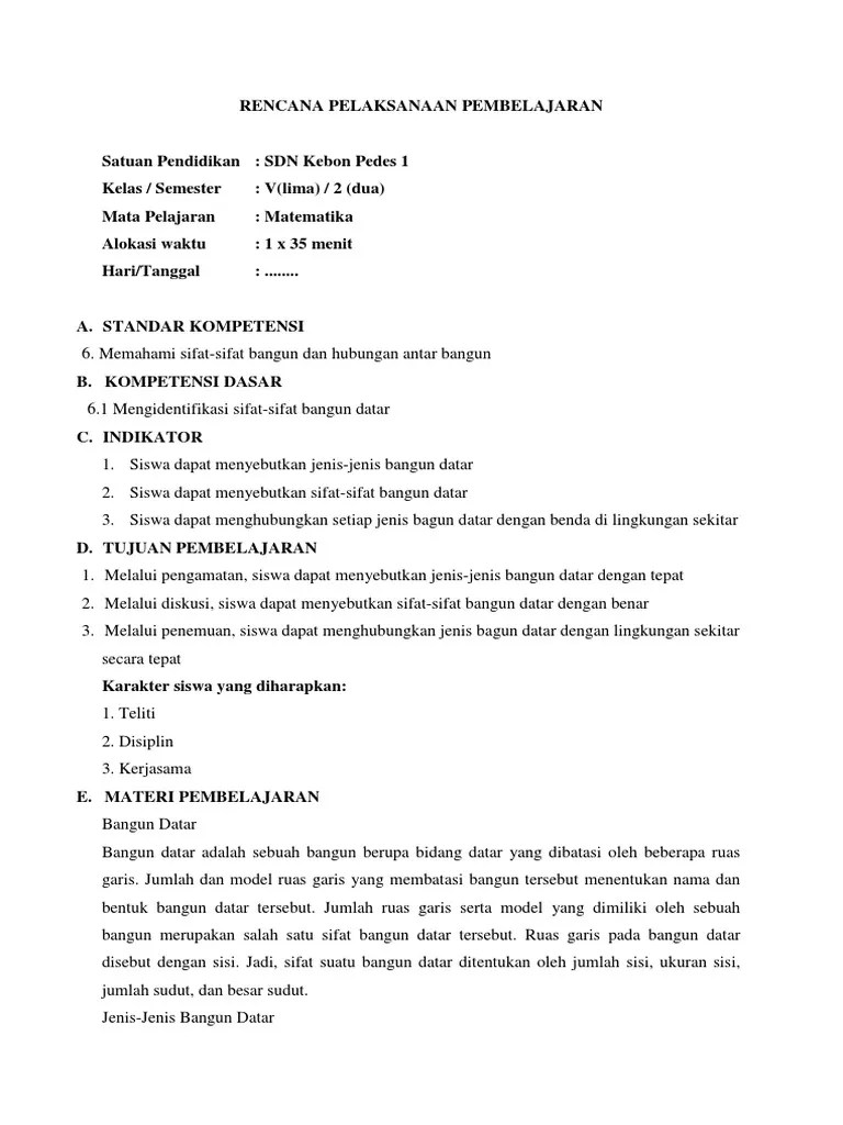 Rpp matematika kelas 4 keliling bangun datar (unduh). Contoh Rpp Mtk Ktsp Bangun Datar Kelas 5 Semester 2 Pdf