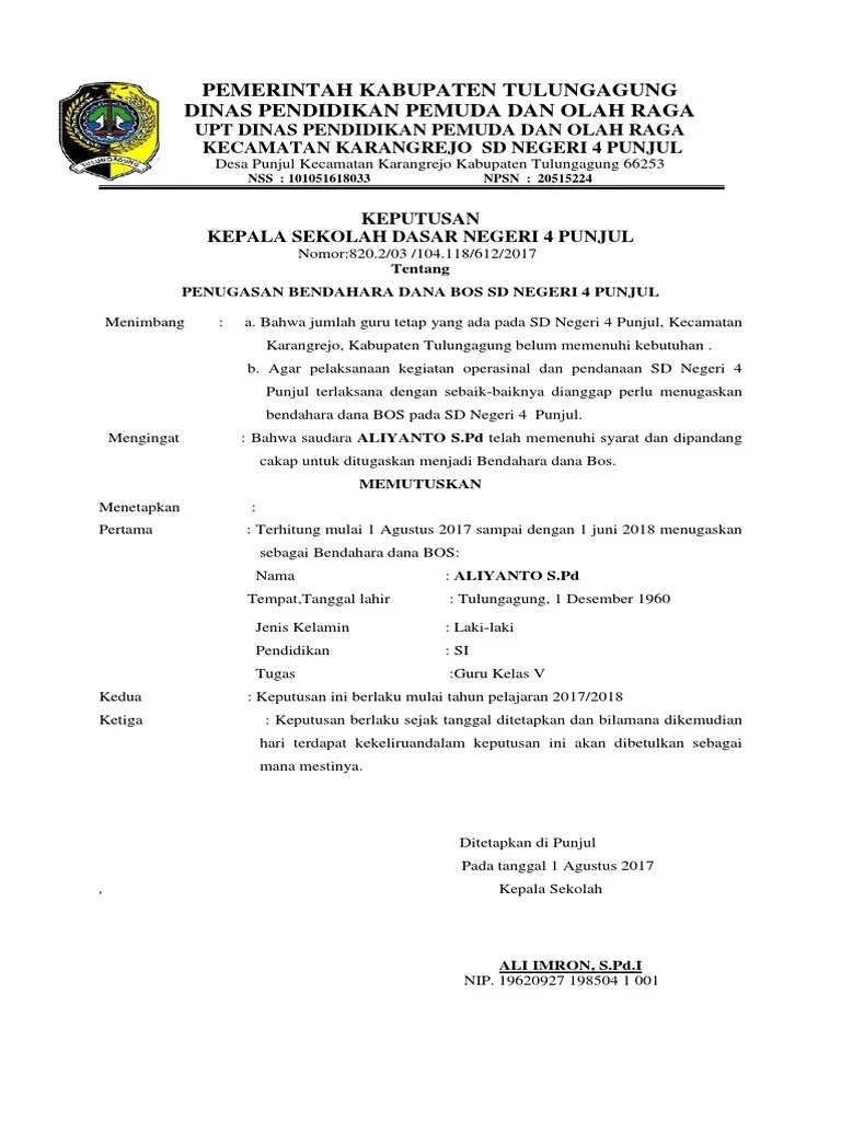 Contoh Surat Tugas Bendahara Bos Sd Kumpulan Contoh Surat