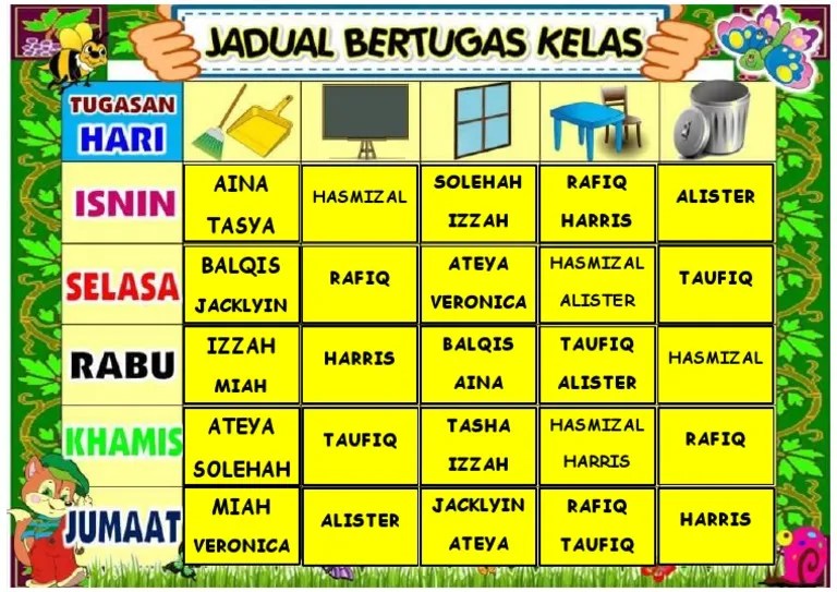 Contoh jadual bertugas kelas yang boleh diedit. Jadual Bertugas Kelas Pdf