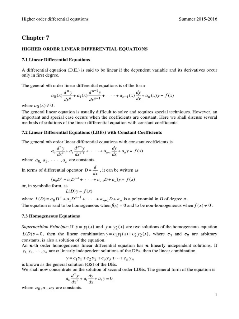 Chapter 7 Higher Order De Pdf Ordinary Differential Equation