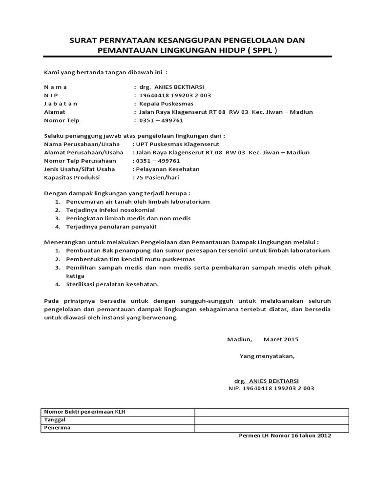 Format Surat Pernyataan Kesanggupan Pengelolaan Dan Pemantauan Lingkungan Hidup (Sppl) - Surat Pernyataan Kesanggupan Pengelolaan Dan Pemantauan Lingkungan Hidup Sppl : Saya mempunyai salah satu contoh lampiran yang digunakan untuk mengajukan izin usaha yaitu surat pernyataan kesanggupan pengelolaan dan pemantauan lingkungan hidup.