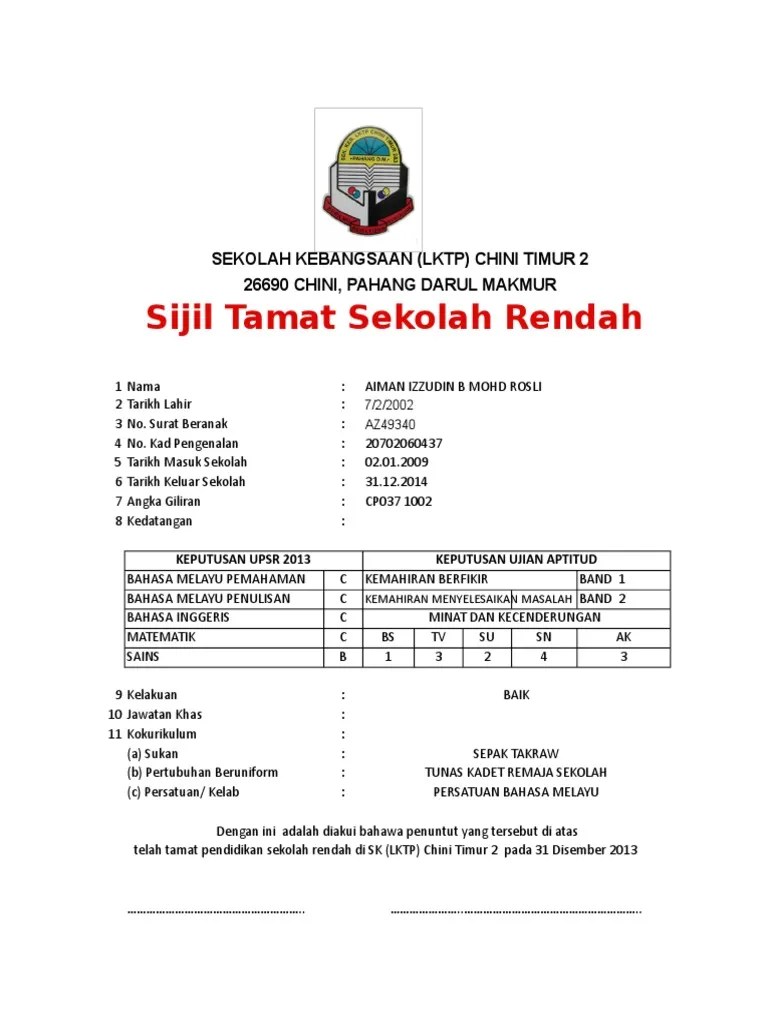 1267 jalan abdul kadir, 14000 bukit mertajam no. Contoh Sijil Tamat Sekolah Menengah