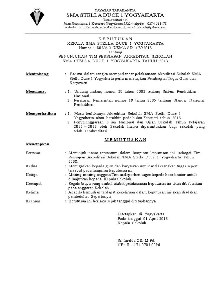 Penunjukan tim persiapan akreditasi sekolah. Contoh Surat Keputusan Tim Akreditasi Parodiileluipascuale