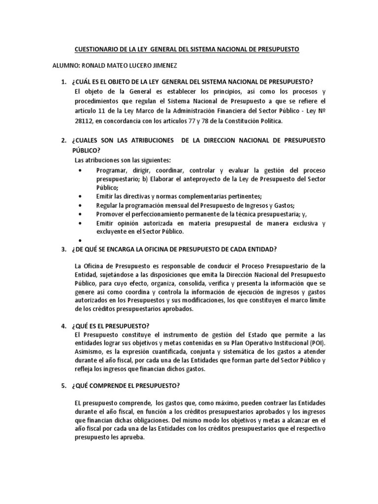 Cuestionario De La Ley Organica Del Presupuesto | PDF | Presupuesto | Pagos