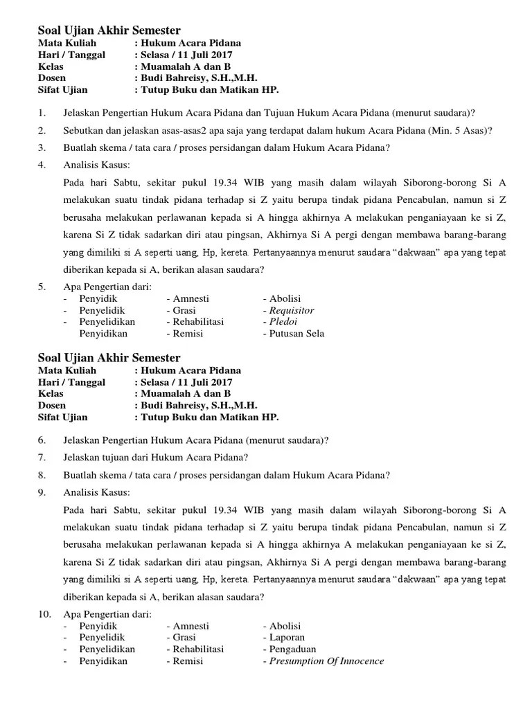 Doc Kumpulan Soal Hukum Pidana Hosni Thamrin Academia Edu Soal ut ilmu hukum hkum4203 hukum pidana dilengkapi dengan kunci jawabannya kami bagikan untuk mahasiswa ut jurusan ilmu hukum yang saat ini sedang menempuh pendidikan pada semester 4.