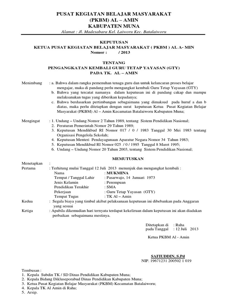 Surat pernyataan di lembar terakhir surat keputusan ketua yayasan kasih . Contoh Sk Guru Tetap Yayasan Masnurul