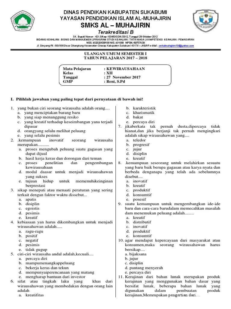 Contoh soal kewirausahaan (kwu) kelas 12 semester 1 dan semester 2. Soal Prakaryadan Kewirausahaan Kelas Xii Pdf